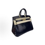 HERMES爱马仕 Birkin 25无肩带亮面倒V金扣 铂金包手提包 女款 黑色